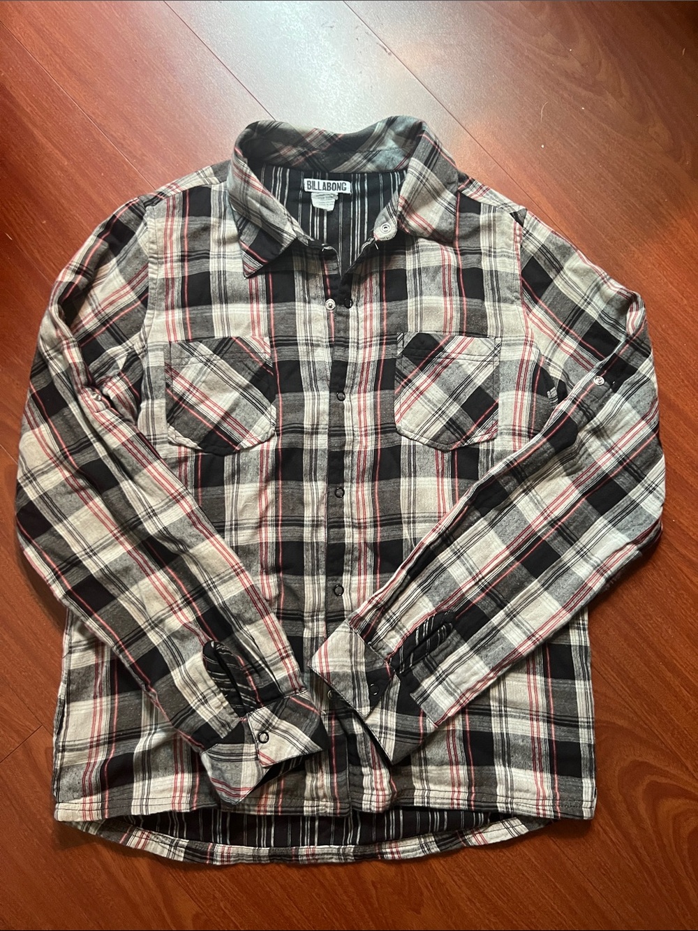 Billabong Black Striped Shirt with Red Plaid‎ Detail reversible size L Women’s